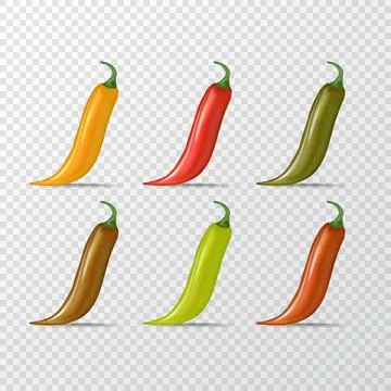 Vector red, green, orange chili peppers icons set isolated on transparent Stock Illustration