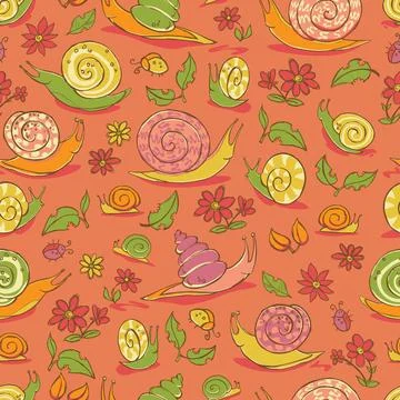 Vector red hand drawn snails and flowers repeat pattern. Suitable for gift .. Illustrazione stock