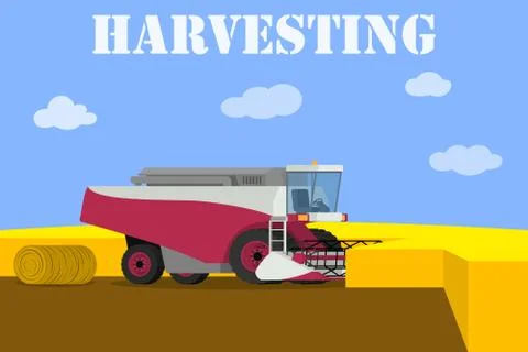 Vector red harvester working on the field Stock Illustration