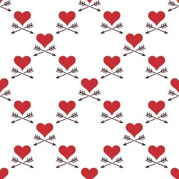 Vector red heart with 2 arrows seamless pattern or Love vector background Illustrazione stock