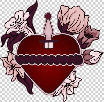 Vector red heart emblem on transparent background is showing dagger hilt, Stock Illustration