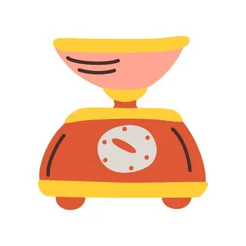 Vector red kitchen scale with bowl. Food Processor, Kitchen Gadget. Cartoon i Stock Illustration