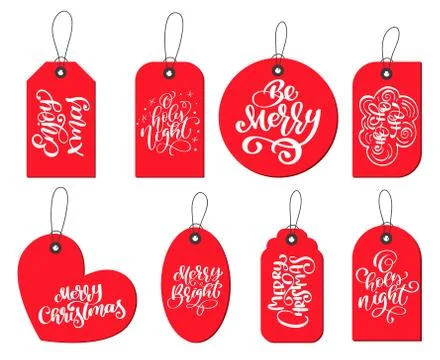 Vector red labels tags collection with Calligraphy lettering quotes Enjoy xmas Stock Illustration