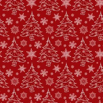 Vector red monochrome sparkling rows of christmas tree and snowflakes seamles Stock Illustration