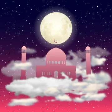 Vector red Mosque silhouette in night sky with full moon and stars clouds Ilustração Stock