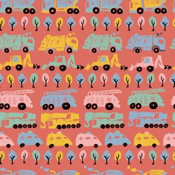 Vector red pastel pen skech rows of cute cement trucks transport vehicles sea Stock Illustration