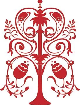 Vector red pattern with a golden outline depicting leaves, flowers, pollen in Stock Illustration