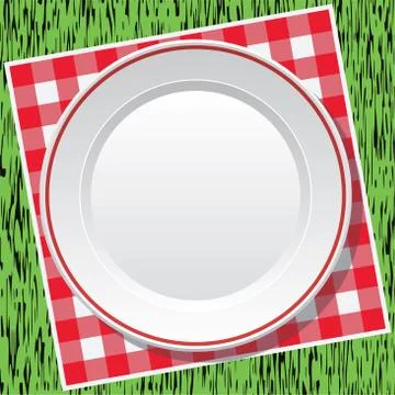 Vector red picnic tablecloth and empty plate on green grass Stock Illustration