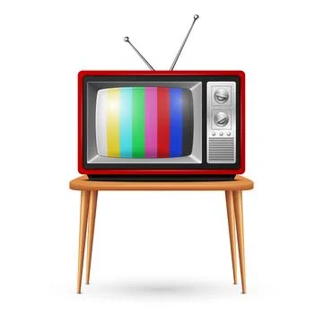 Vector Red Retro TV Set on the Wooden Table, Isolated, Front View. Vintage TV Stock Illustration