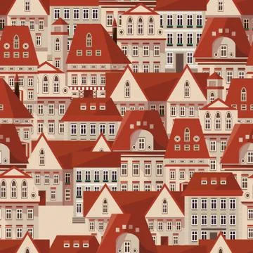 Vector red roofs seamless pattern. Modern town houses panorama. Vector city P Stock Illustration