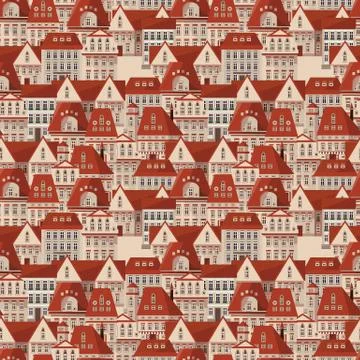 Vector red roofs seamless pattern. Modern town houses panorama. Vector city P Stock Illustration