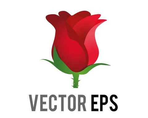 Vector red rose flower icon with green stem and leaves Stock Illustration