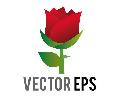Vector red rose flower icon with green stem and leaves Stock Illustration