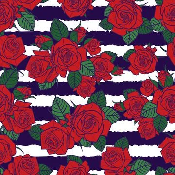 Vector red roses and green leaves with purple outlines againts purple and whi Stock Illustration