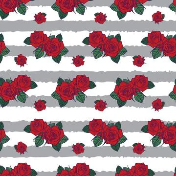 Vector red roses and green leaves with grey and white stripes background seam Stock Illustration
