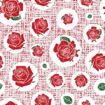 Vector red roses circles seamless pattern with canvas background. Perfect f.. Stock Illustration