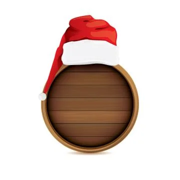 Vector red Santa hat with circle wooden board sign isolated on white background Stockillustratie