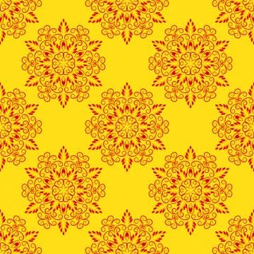 Vector Red Seamless Mandala Pattern over yellow Stock Illustration