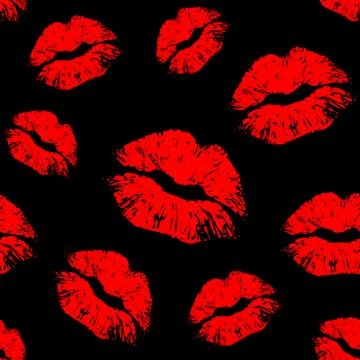 Vector red seamless pattern on black background. Lips prints Stock Illustration