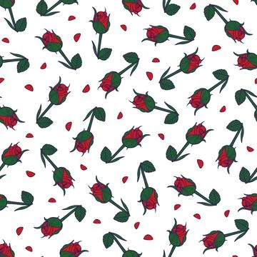 Vector red single rose stalk againts white background seamless pattern with s Illustrazione stock