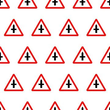 Vector red triangle traffic attention sign seamless pattern. Warning crossroa Stock Illustration