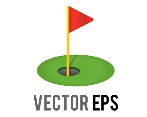 Vector red triangular golf flag and hole icon with green field Stock Illustration