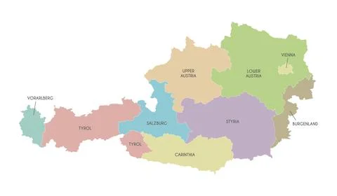 Vector regional map of Austria with federal states or territories and admin.. Illustrazione stock