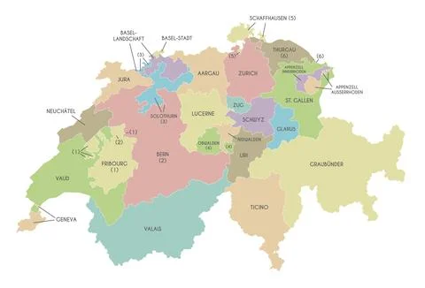 Vector regional map of Switzerland with cantons or territories and administ.. Stock Illustration