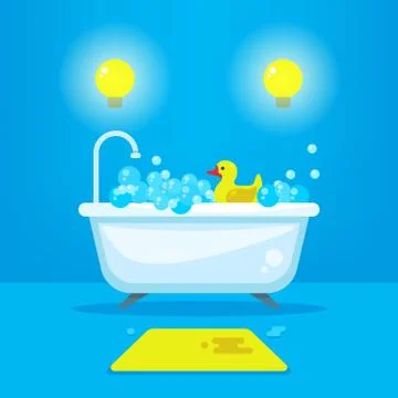 Vector relax in bathroom concept background. Bathtub with bubbles and rubber Stock Illustration
