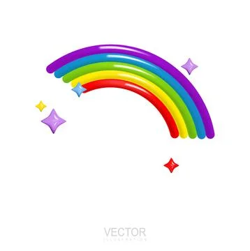 Vector render colorful rainbow arch with stars. Realistic 3d design cartoon s Stock Illustration