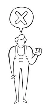 Vector repairman giving thumbs down. Hand drawn illustration. Black outlines, 스톡 일러스트