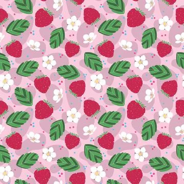 Vector repeat pattern design strawberries, leaves , flowers on pink backgroun 스톡 일러스트