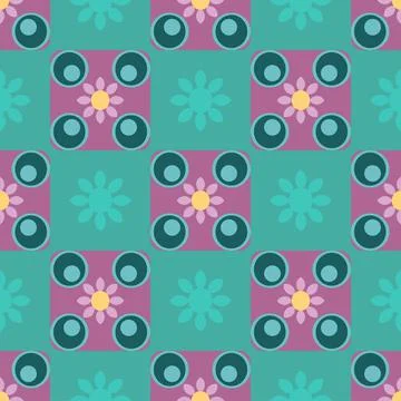 Vector Repeat Pattern With Geometric Shapes And Flowers In Pink And Green 스톡 일러스트