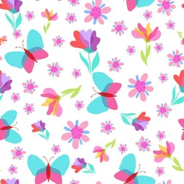 Vector repeat pattern minimal butterfly and flowers 스톡 일러스트