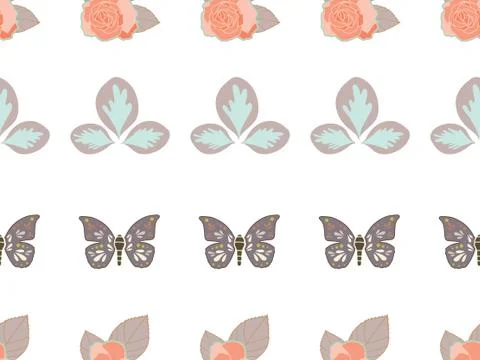 Vector repeat seamless pattern with butterflies, leaves and roses. Stock Illustration