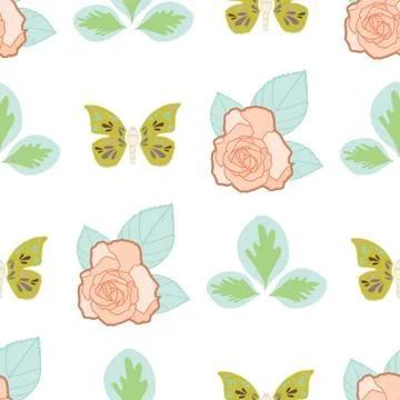 Vector repeat seamless pattern with butterflies, leaves and roses. Stock Illustration