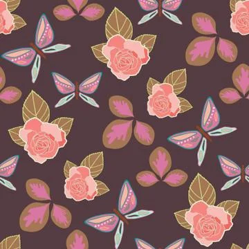 Vector repeat seamless pattern with butterflies, leaves and roses. Stock Illustration