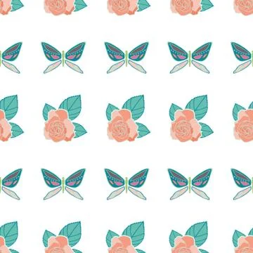 Vector repeat seamless pattern with butterflies and roses. Stock Illustration