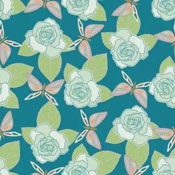 Vector repeat seamless pattern with butterflies and roses. Stock Illustration