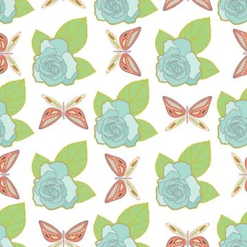 Vector repeat seamless pattern with butterflies and roses. Illustrazione stock