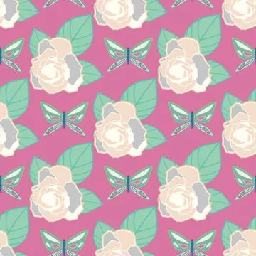 Vector repeat seamless pattern with butterflies and roses. Stock Illustration