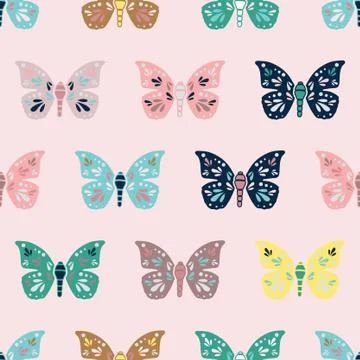 Vector repeat seamless pattern with butterflies. Retro colorful butterfly Stock Illustration