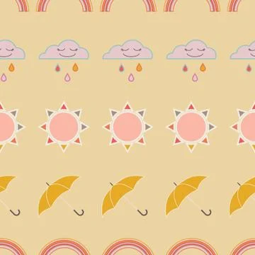 Vector repeat seamless pattern with clouds, rain, rainbow, sun and umbrellas. Illustrazione stock