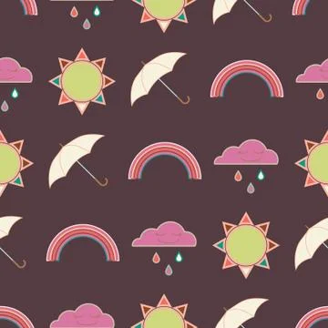 Vector repeat seamless pattern with clouds, rain, rainbow, sun and umbrellas. Stock Illustration