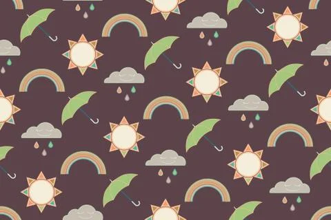 Vector repeat seamless pattern with clouds, rain, rainbow, sun and umbrellas. Illustrazione stock