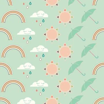 Vector repeat seamless pattern with clouds, rain, rainbow, sun and umbrellas. Illustrazione stock