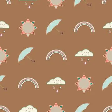 Vector repeat seamless pattern with clouds, rain, rainbow, sun and umbrellas. Illustrazione stock