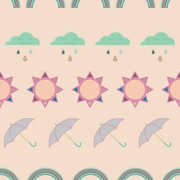 Vector repeat seamless pattern with clouds, rain, rainbow, sun and umbrellas. Illustrazione stock