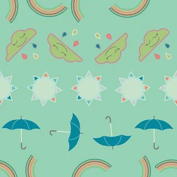 Vector repeat seamless pattern with clouds, rain, rainbow, sun and umbrellas. Illustrazione stock