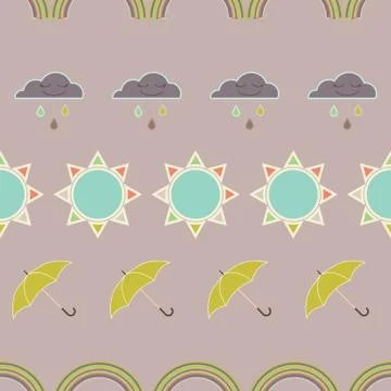 Vector repeat seamless pattern with clouds, rain, rainbow, sun and umbrellas. Illustrazione stock